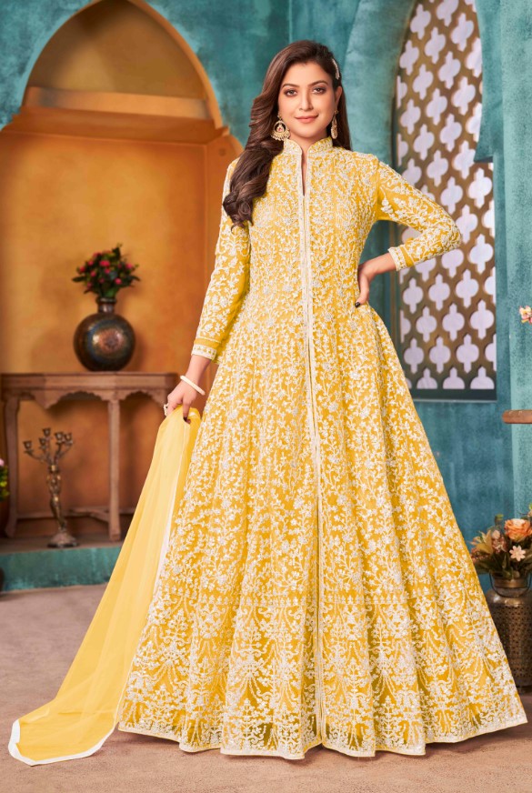 Elegant yellow salwar kameez featuring stunning embroidery, perfect for enhancing your festive wardrobe.