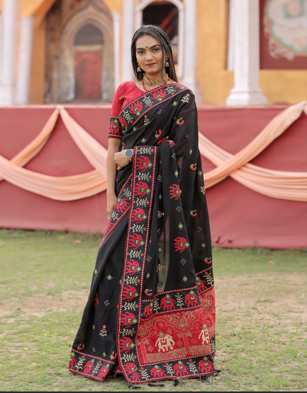 Exquisite Black Vichitra Silk Saree with Red Blouse | Crafted for Timeless Elegance