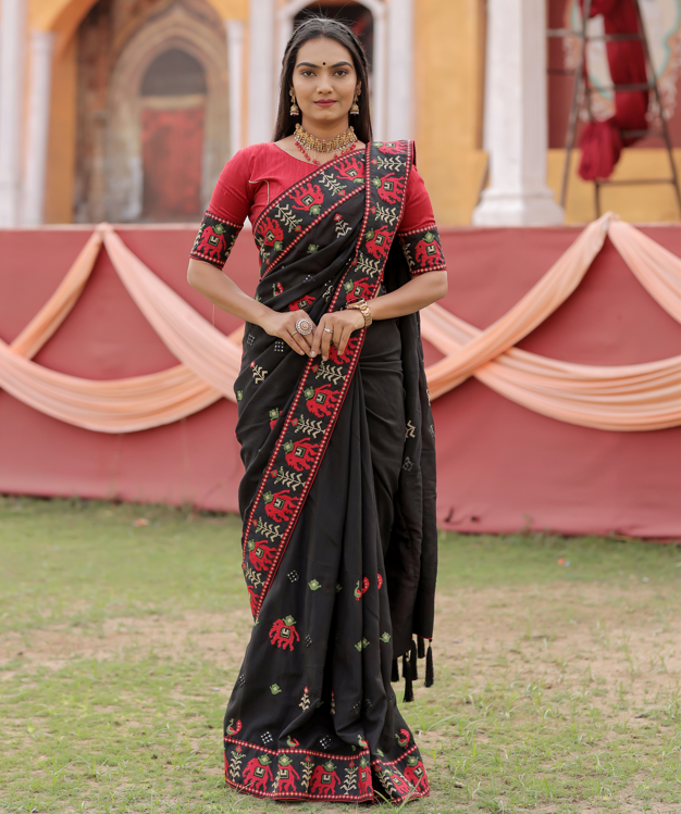 Exquisite Black Vichitra Silk Saree with Red Blouse | Crafted for Timeless Elegance