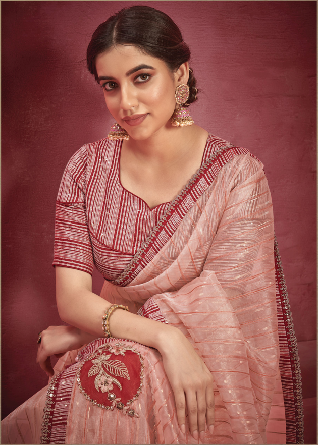 Peach Jacquard Organza Saree with Maroon Blouse | Ideal for Special Celebrations