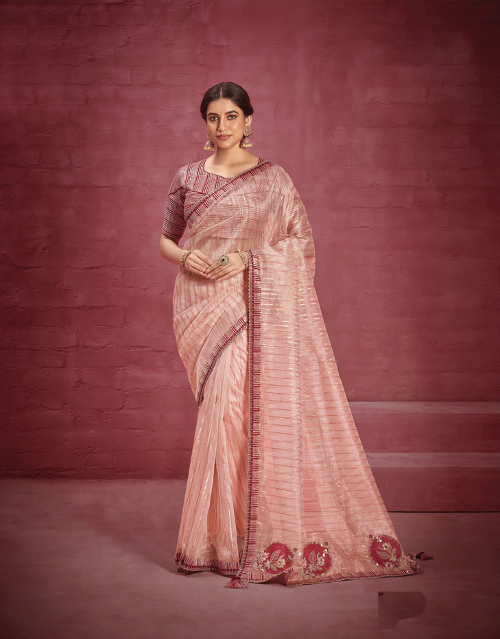 Peach Jacquard Organza Saree with Maroon Blouse | Ideal for Special Celebrations