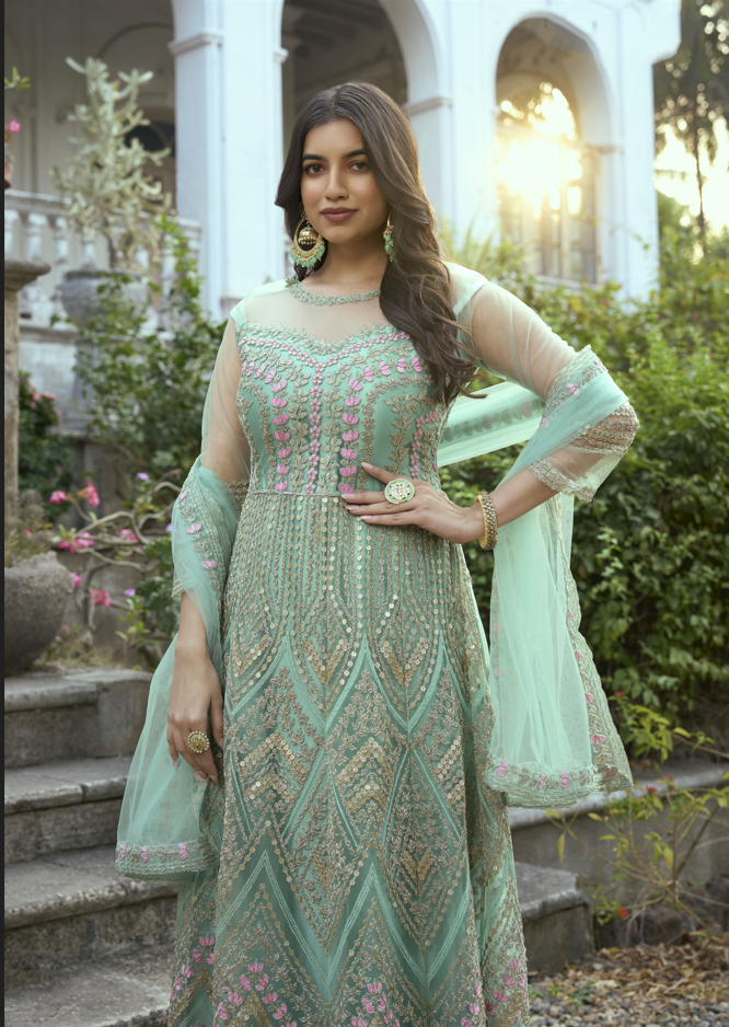 Sea Green Butterfly Net Suit | Heavy Embroidery with Santoon Bottom