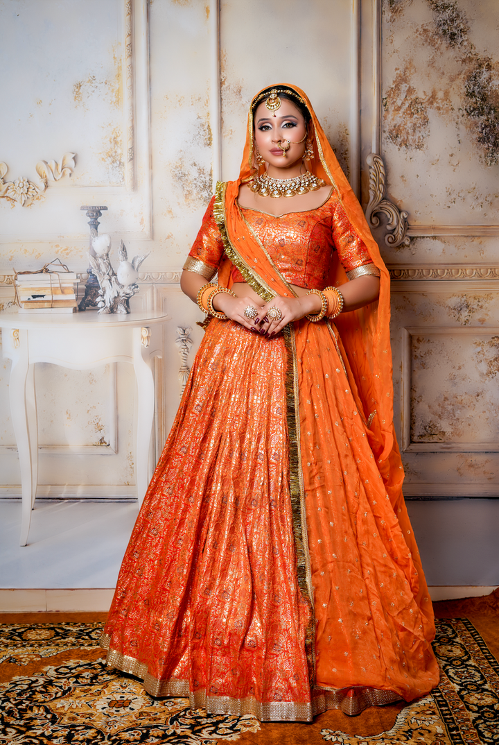 Orange Rajputi Rajvadi Chaniya Choli | Banarasi Gold Foil Dupatta