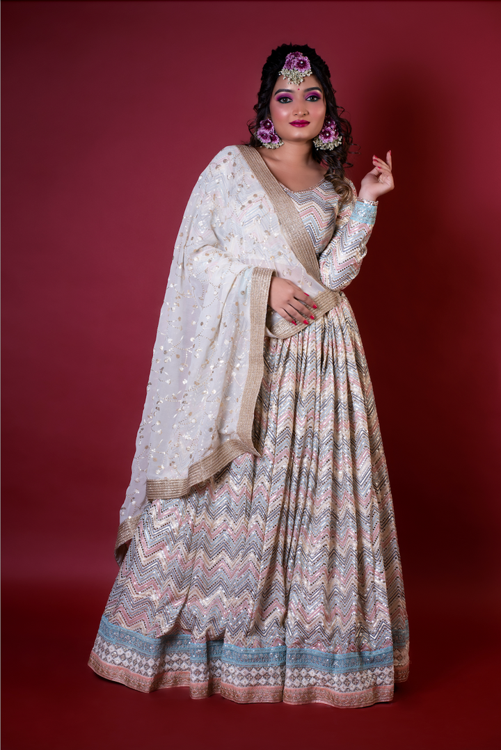 Light Leriyha Chaniya Choli | Ivory Georgette with Tiki Work Border