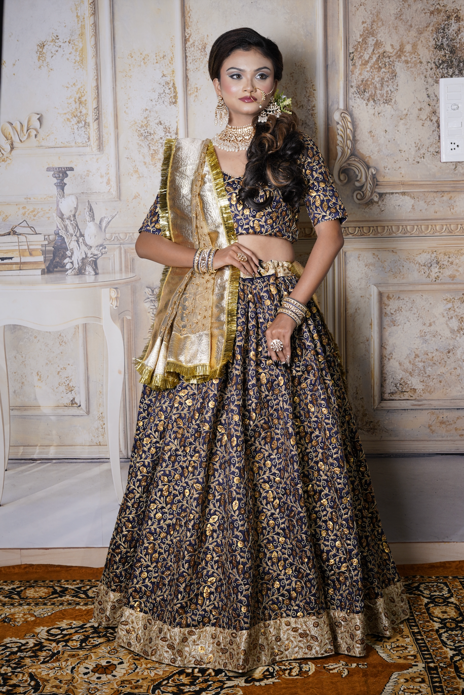 Navy Blue Sitara Chaniya Choli | Dola Silk Aari Tiki & Foil Work & Golden Dupatta