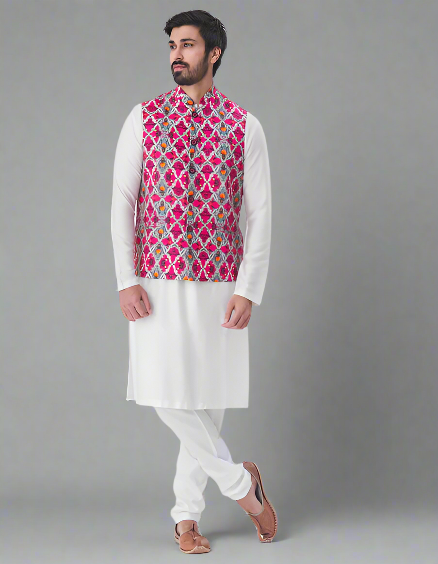 White Kurta Pajama with Vibrant Jacket | Perfect for Festive Occasions