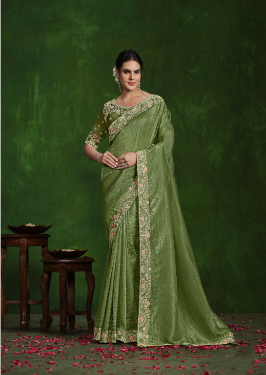 Charming Green Crush Paper Silk Saree with Green Blouse | A Captivating Traditional Ensemble