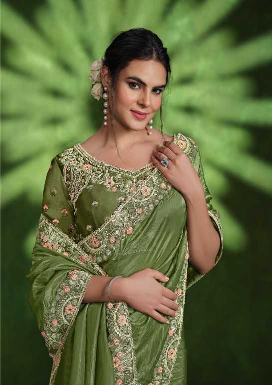 Charming Green Crush Paper Silk Saree with Green Blouse | A Captivating Traditional Ensemble