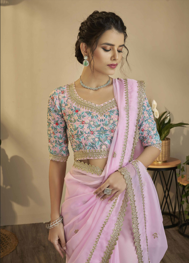 Exquisite Baby Pink Organza Saree with Baby Pink Blouse | A Captivating Traditional Ensemble