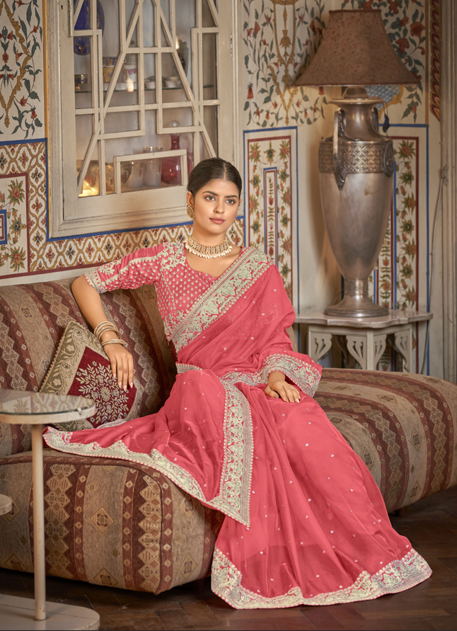 Elegant Organza Saree with Dori & Sequins Embroidery | Wedding & Festive Wear