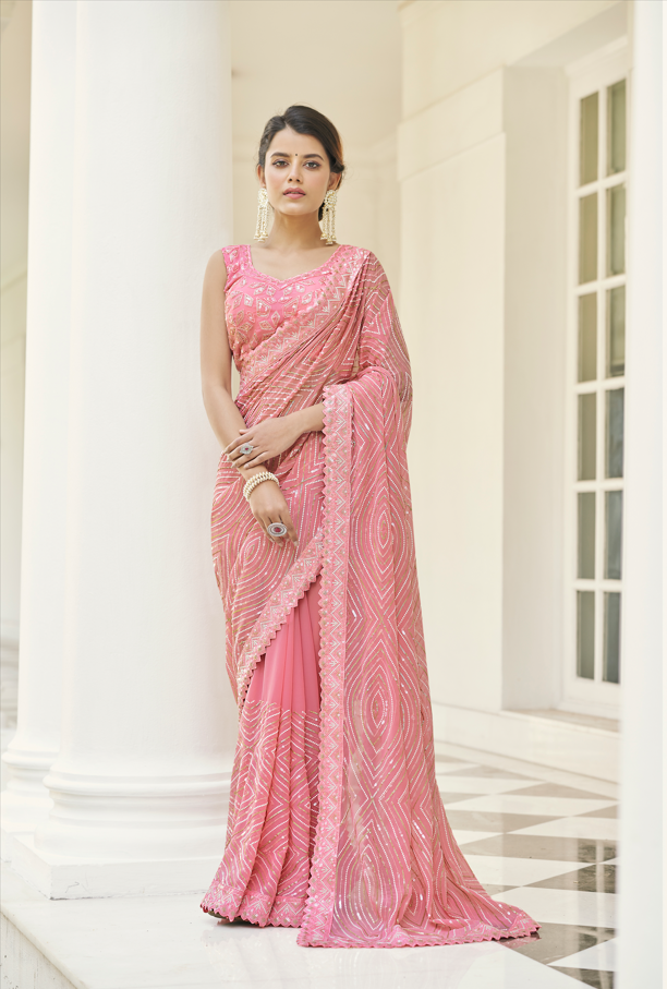 Baby Pink Georgette Saree with Matching Blouse | Exclusive Designer Masterpiece