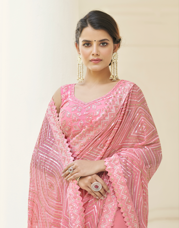 Baby Pink Georgette Saree with Matching Blouse | Exclusive Designer Masterpiece