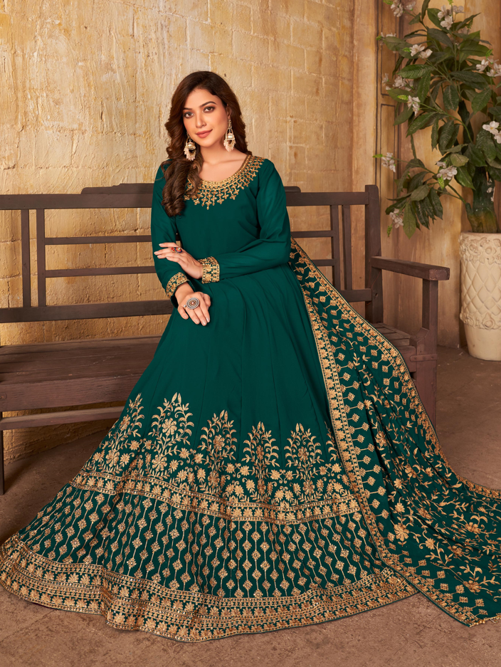 Designer Anarkali Suit | Embroidered Faux Georgette with Dupatta and Santoon Bottom