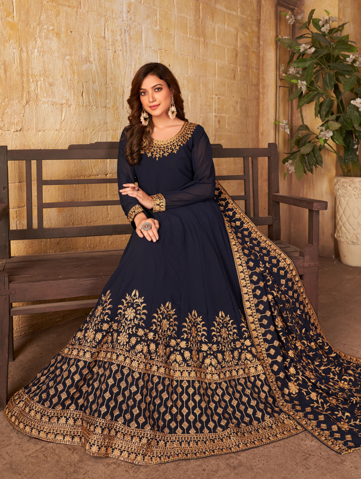 Designer Anarkali Suit | Embroidered Faux Georgette with Dupatta and Santoon Bottom