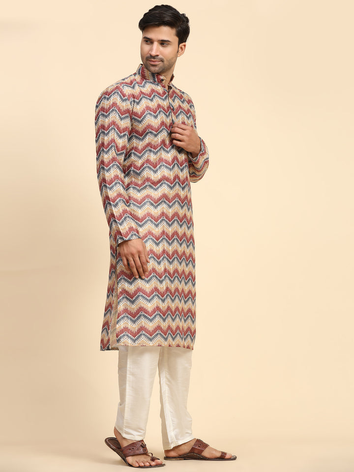 Multicolor kurta pajama for men, featuring geometric print, ideal for celebrations.