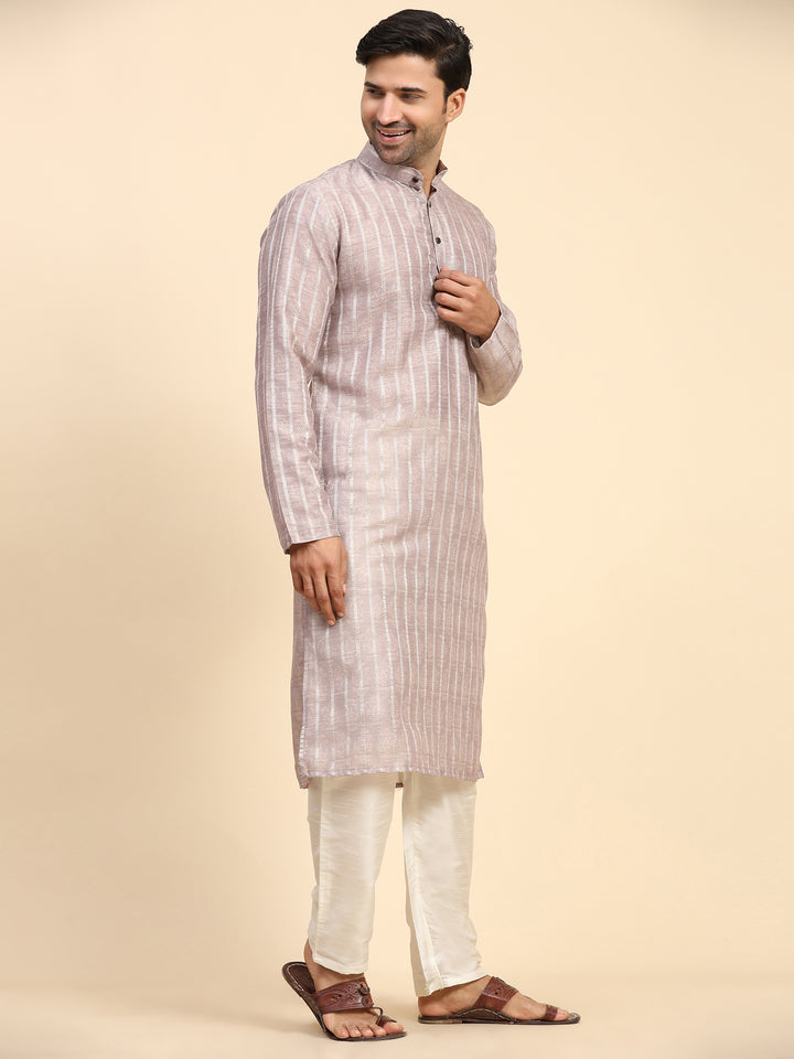 Traditional light mauve kurta set for men with self-design print for festivals.