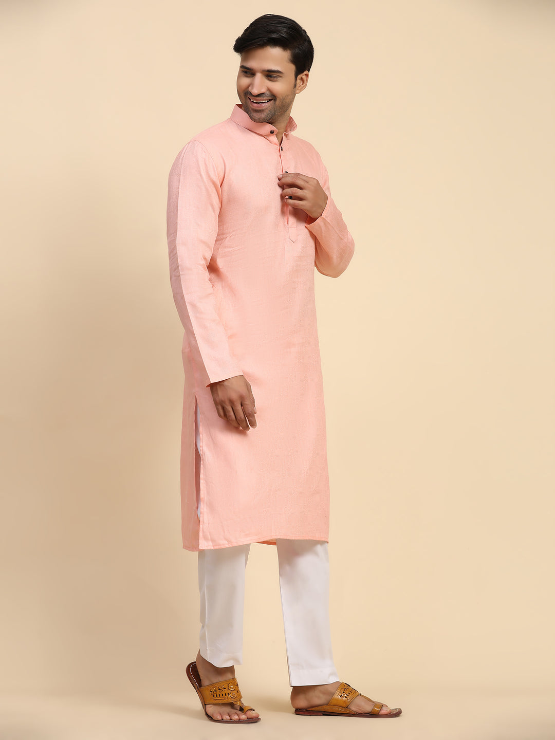 Baby pink men’s kurta pajama set with cream art silk pajama for luxurious wear.