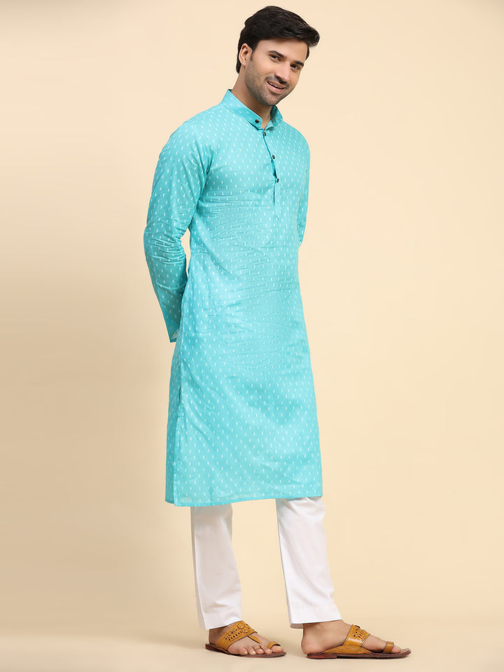 Men’s cyan blue kurta pajama with handwoven embellishments for cultural gatherings.