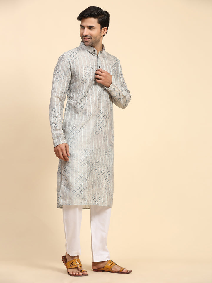 Modern grey kurta set for men with digital prints, perfect for festive celebrations.