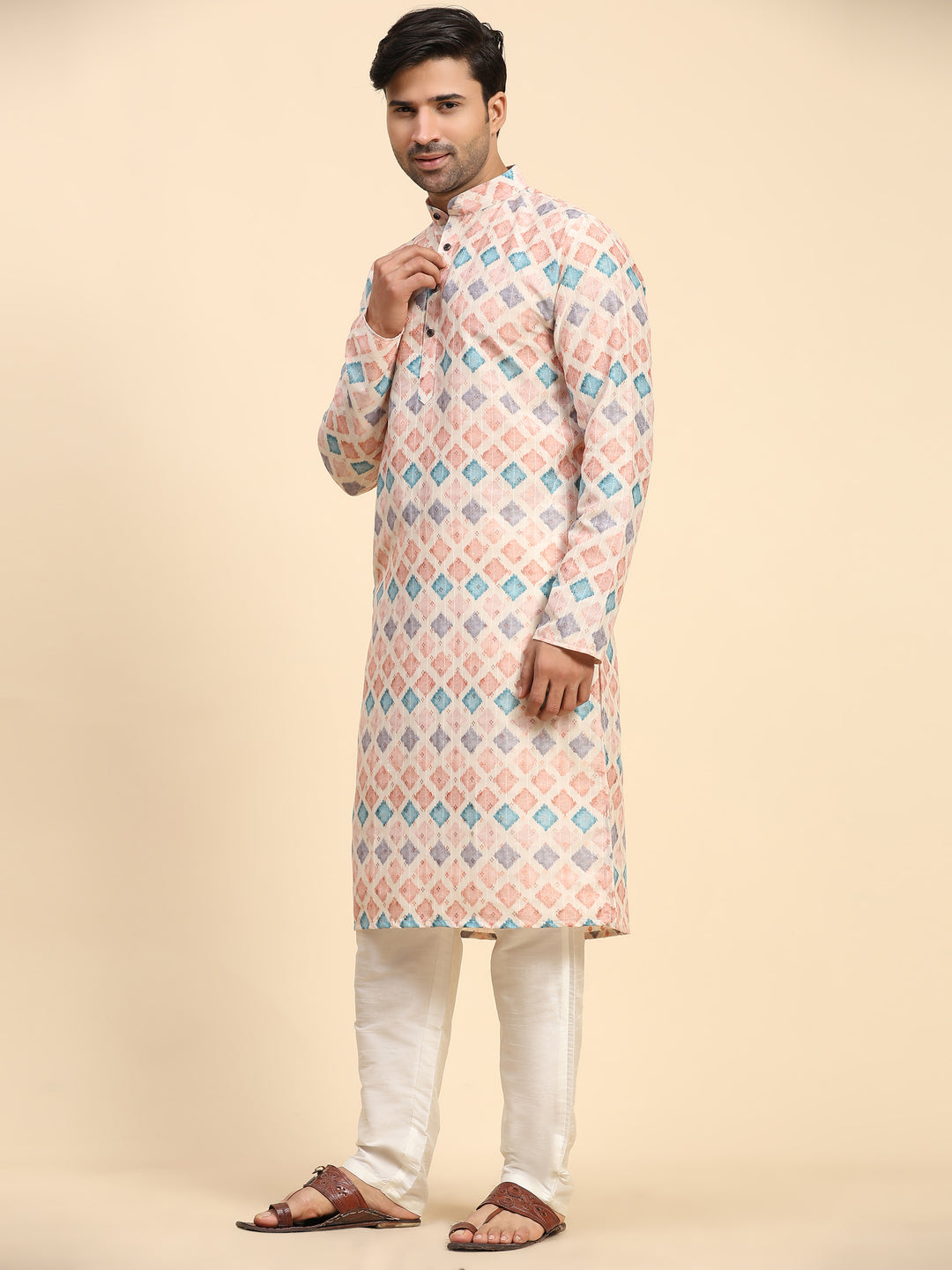 Multi-color kurta pajama set for men with digital print, perfect for festive occasions.