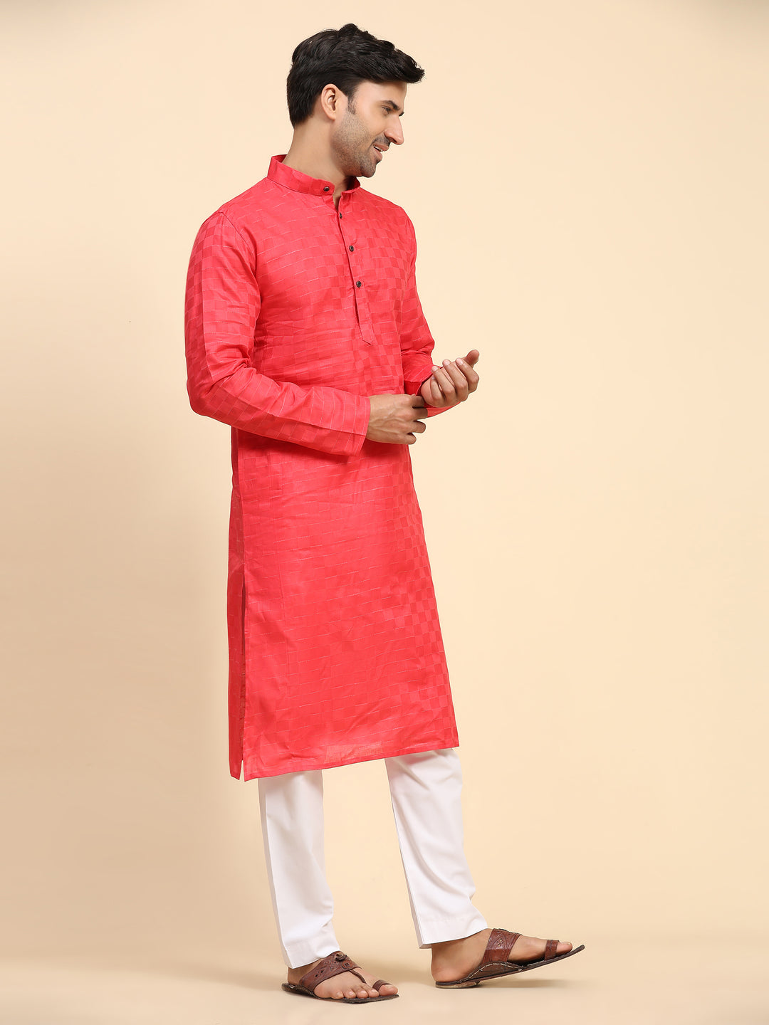 Red ethnic kurta pajama set for men made from pure cotton with art silk pajama.