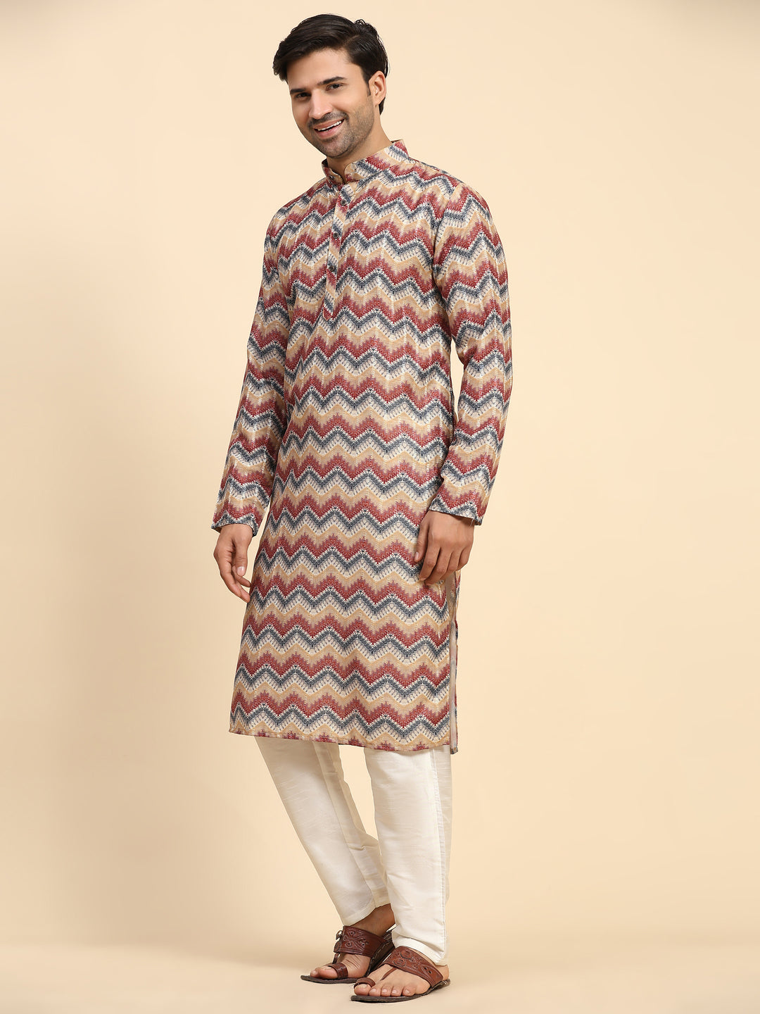 Men’s colorful kurta pajama set, with geometric print, perfect for festive wear.