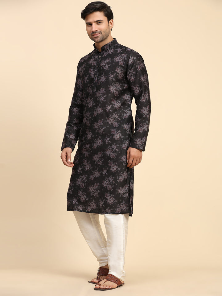 black kurta pajama set with Midnight Blossom floral design, ideal for Sangeet and celebrations.