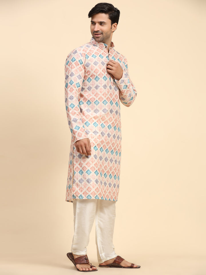 Vibrant multi-color kurta set for men with digital block print, ideal for celebrations.