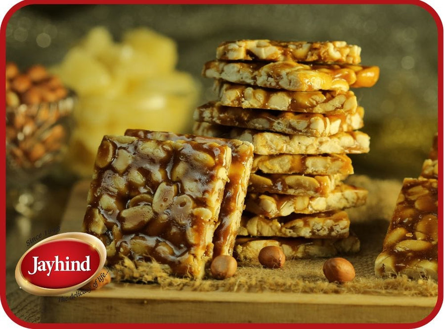 Crunchy Sing Chikki with peanuts and jaggery – the perfect blend of sweet and spicy flavors for your snack-time cravings.