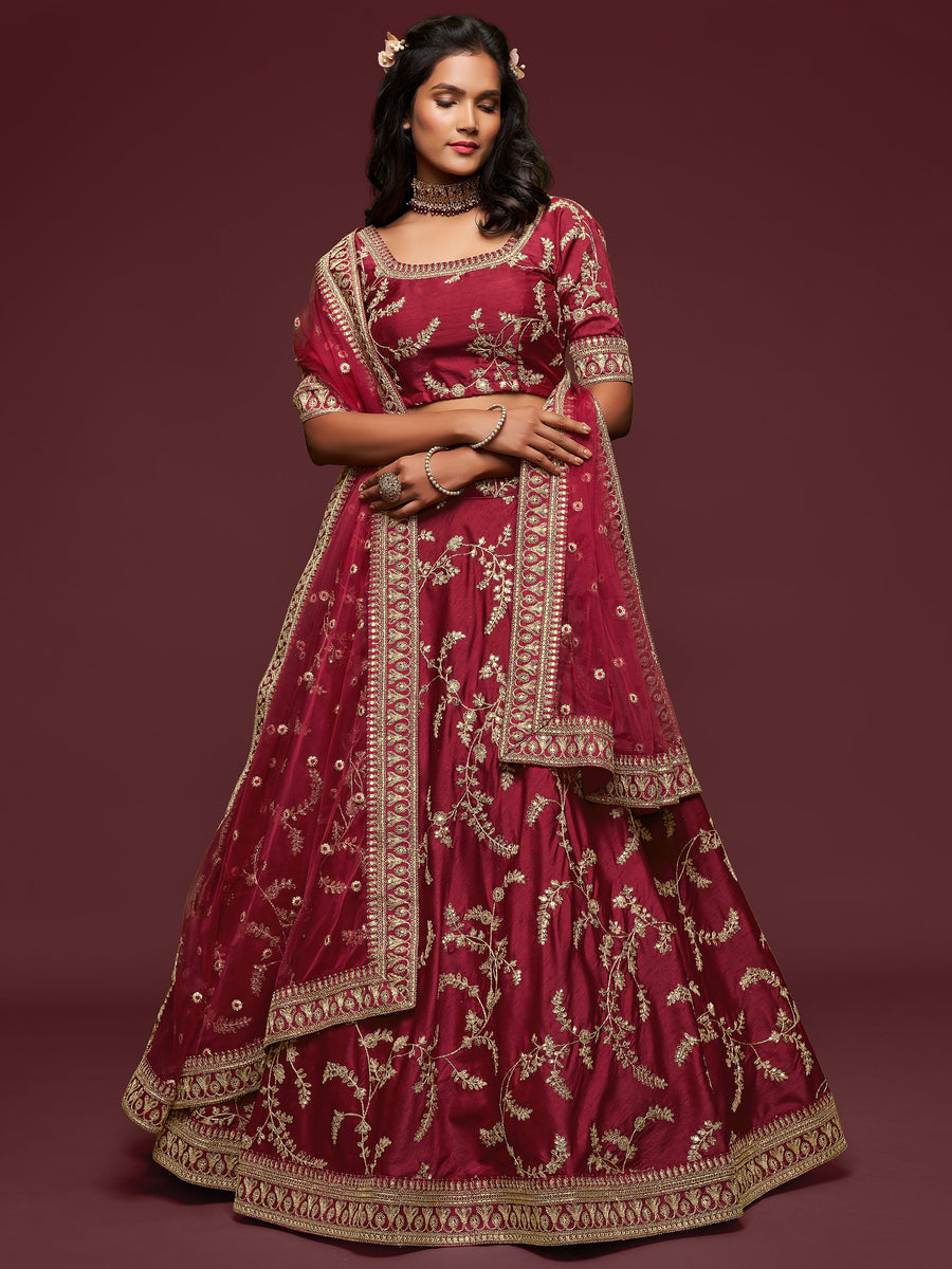 Maroon art silk lehenga with embroidery and sequin details for weddings.