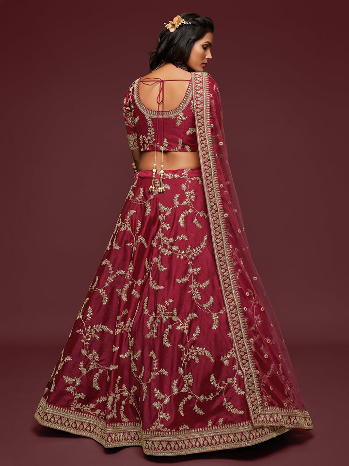 Designer maroon lehenga with sequins and lacework for special occasions.