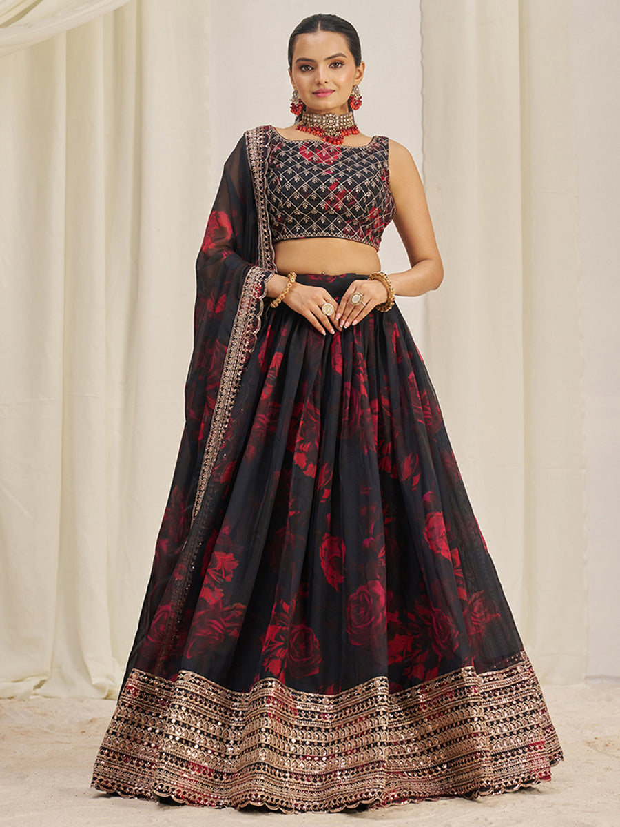 AlluringÃ‚Â Black Sequins Organza Lehenga Choli With Dupatta