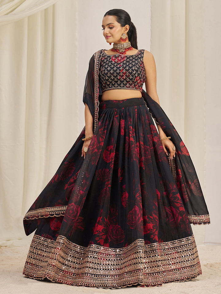 AlluringÃ‚Â Black Sequins Organza Lehenga Choli With Dupatta