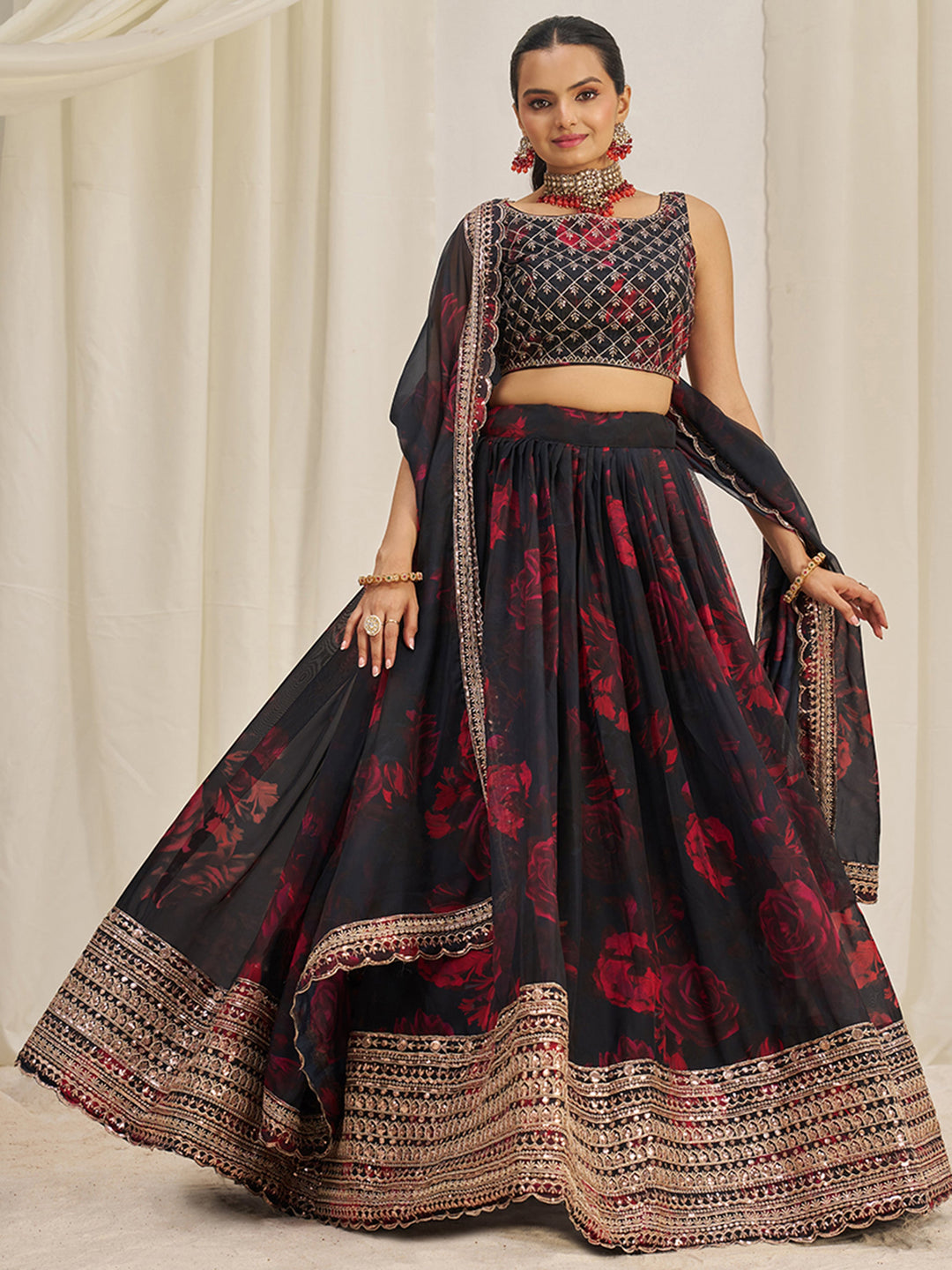 AlluringÃ‚Â Black Sequins Organza Lehenga Choli With Dupatta