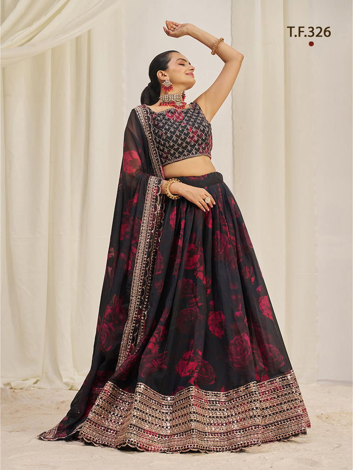 Women Floral Print Flared Lehenga Choli | Semi-Stitch with Dupatta