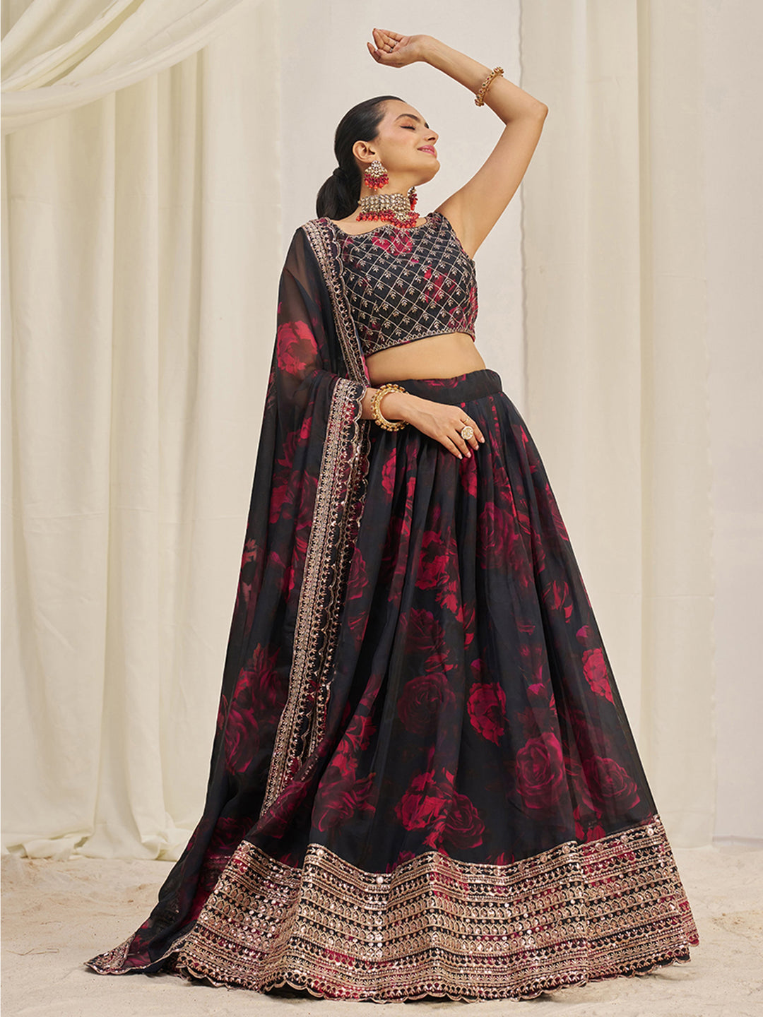 AlluringÃ‚Â Black Sequins Organza Lehenga Choli With Dupatta