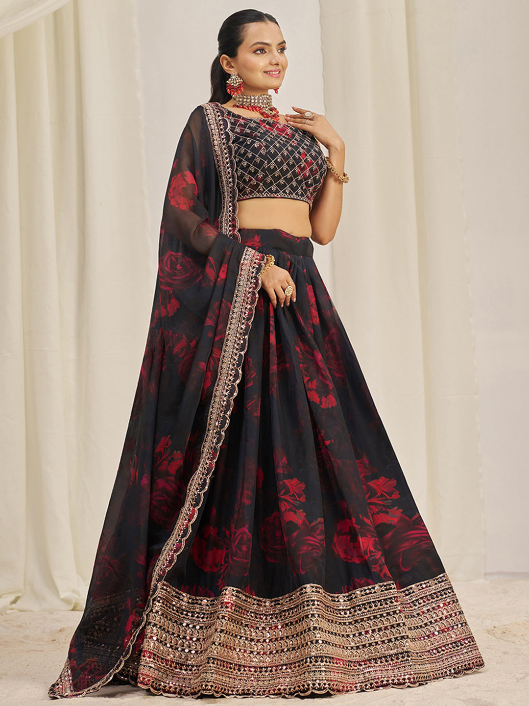 AlluringÃ‚Â Black Sequins Organza Lehenga Choli With Dupatta