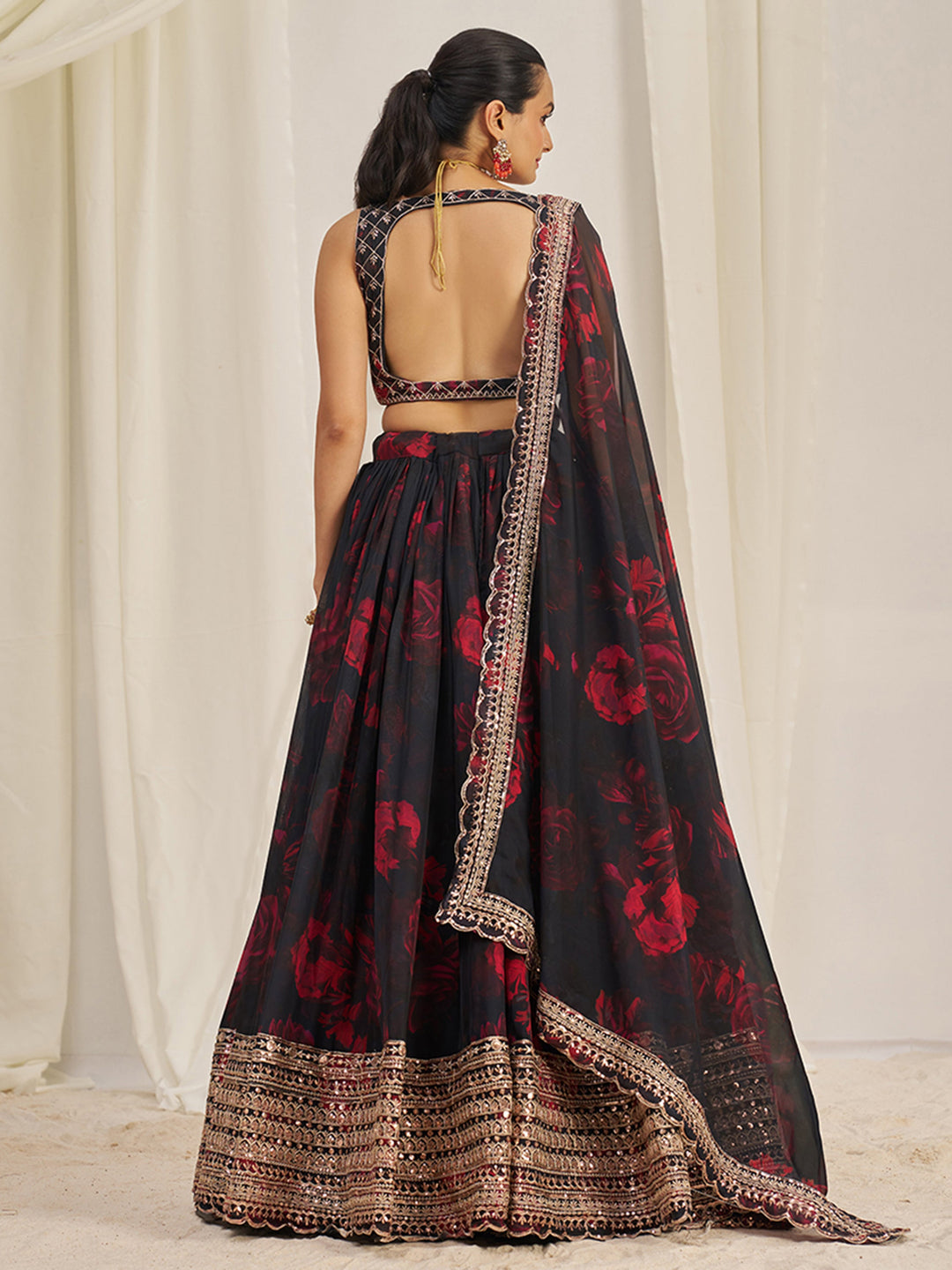 AlluringÃ‚Â Black Sequins Organza Lehenga Choli With Dupatta