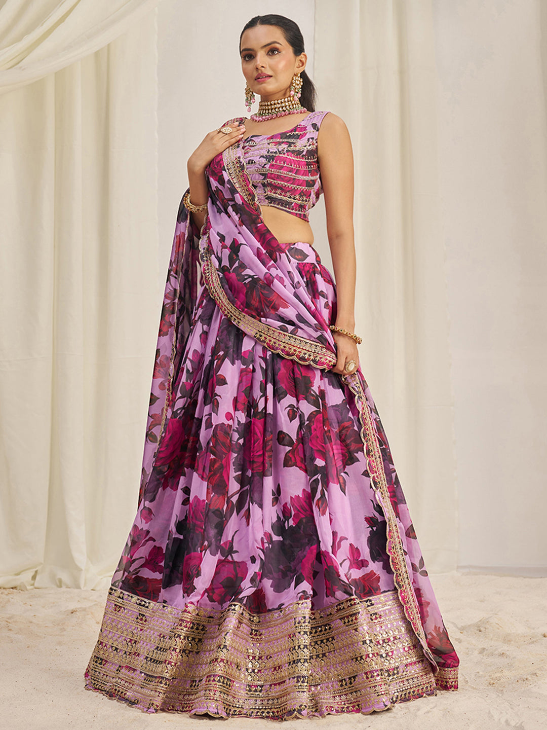 BeautifulÃ‚Â Baby Pink Printed Organza Festival Wear Lehenga Choli