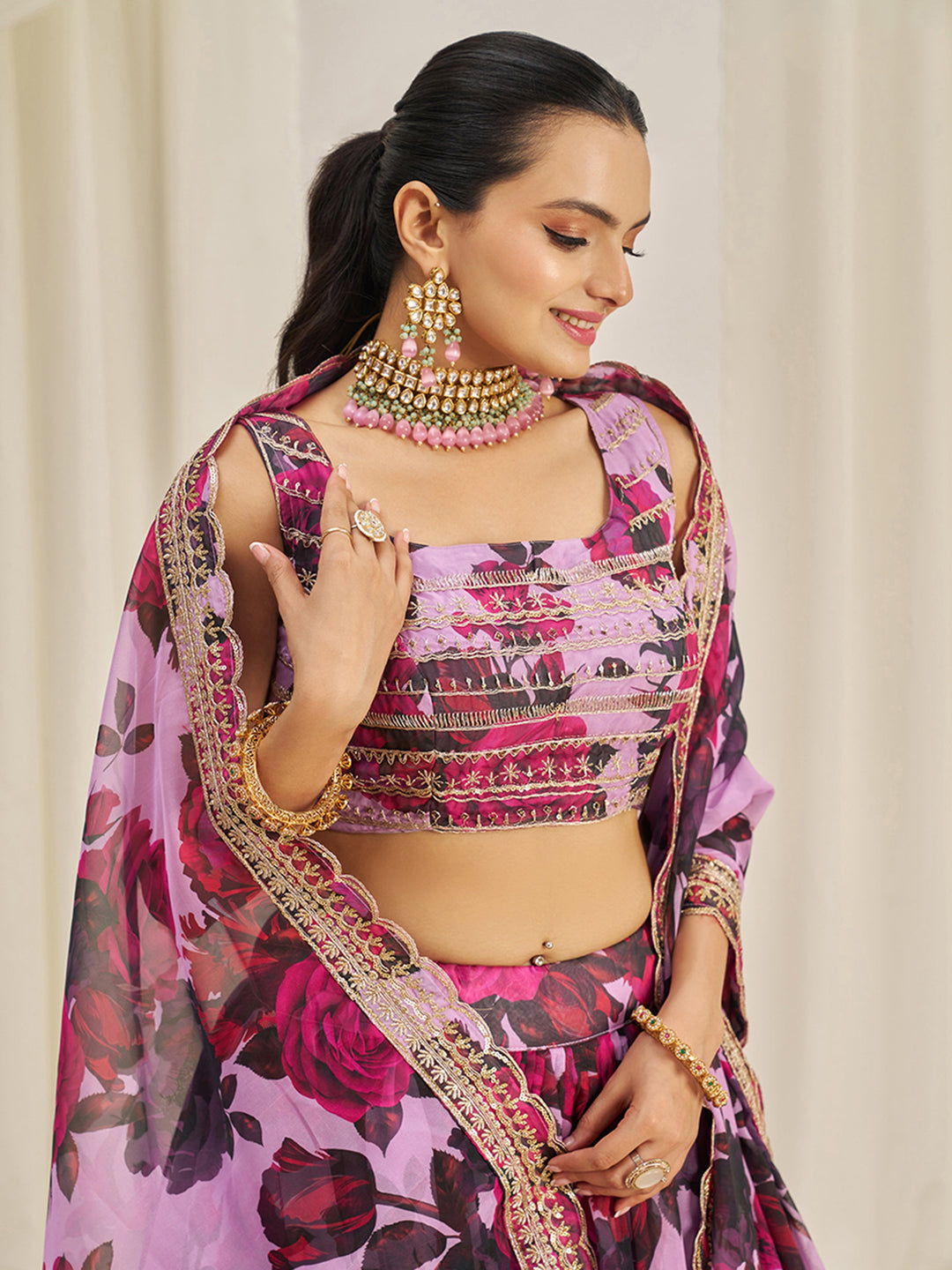 BeautifulÃ‚Â Baby Pink Printed Organza Festival Wear Lehenga Choli