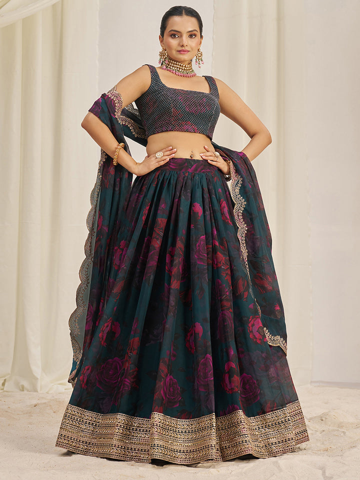 CaptivatingÃ‚Â Teal Green Printed Organza Event Wear Lehenga Choli