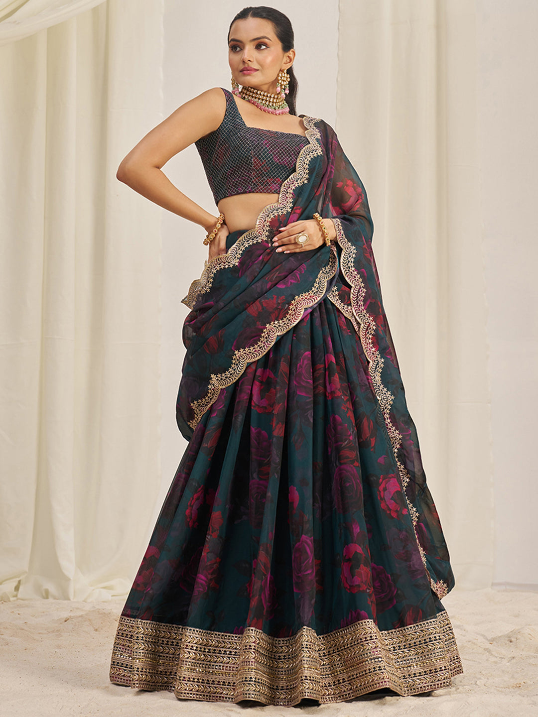 CaptivatingÃ‚Â Teal Green Printed Organza Event Wear Lehenga Choli