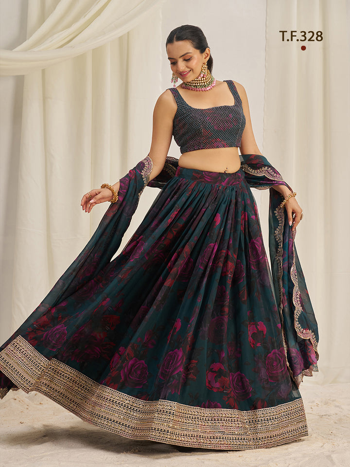 Women Floral Print Flared Lehenga Choli | Semi-Stitch with Dupatta