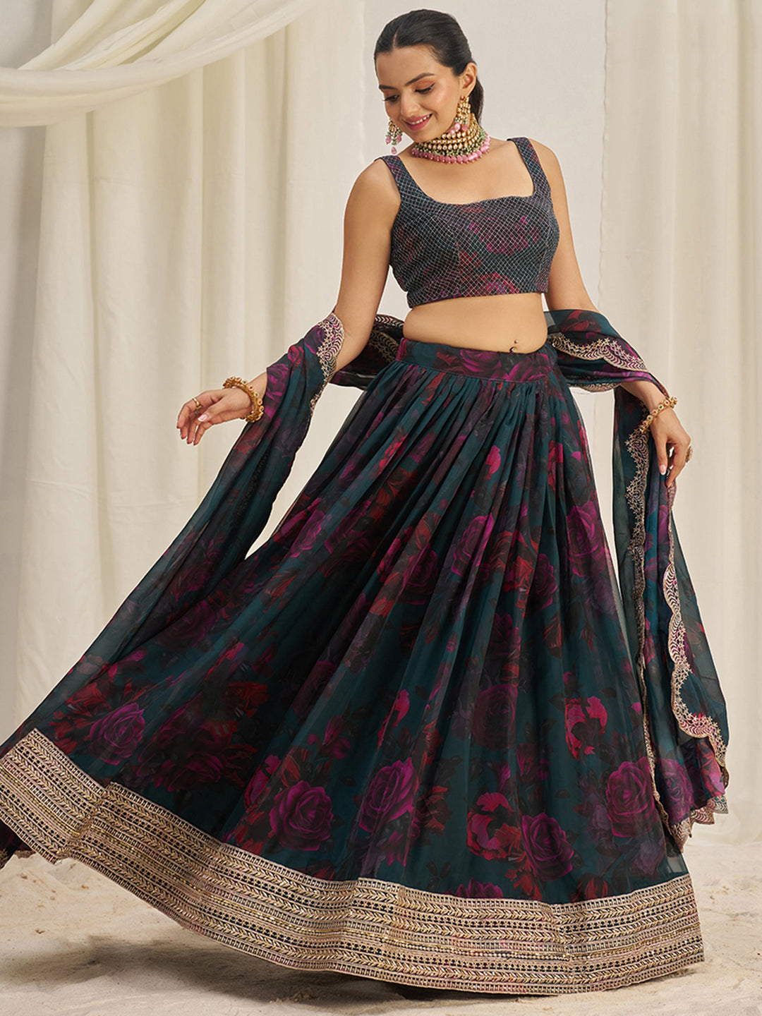 CaptivatingÃ‚Â Teal Green Printed Organza Event Wear Lehenga Choli