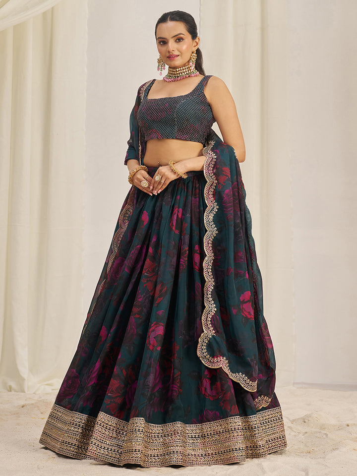 CaptivatingÃ‚Â Teal Green Printed Organza Event Wear Lehenga Choli