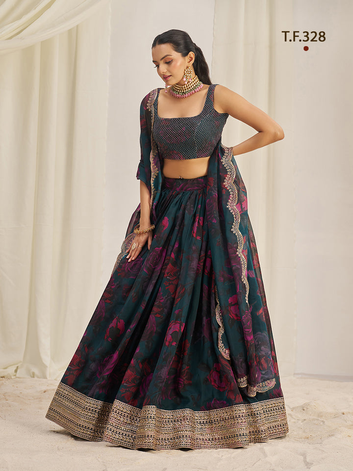 Women Floral Print Flared Lehenga Choli | Semi-Stitch with Dupatta