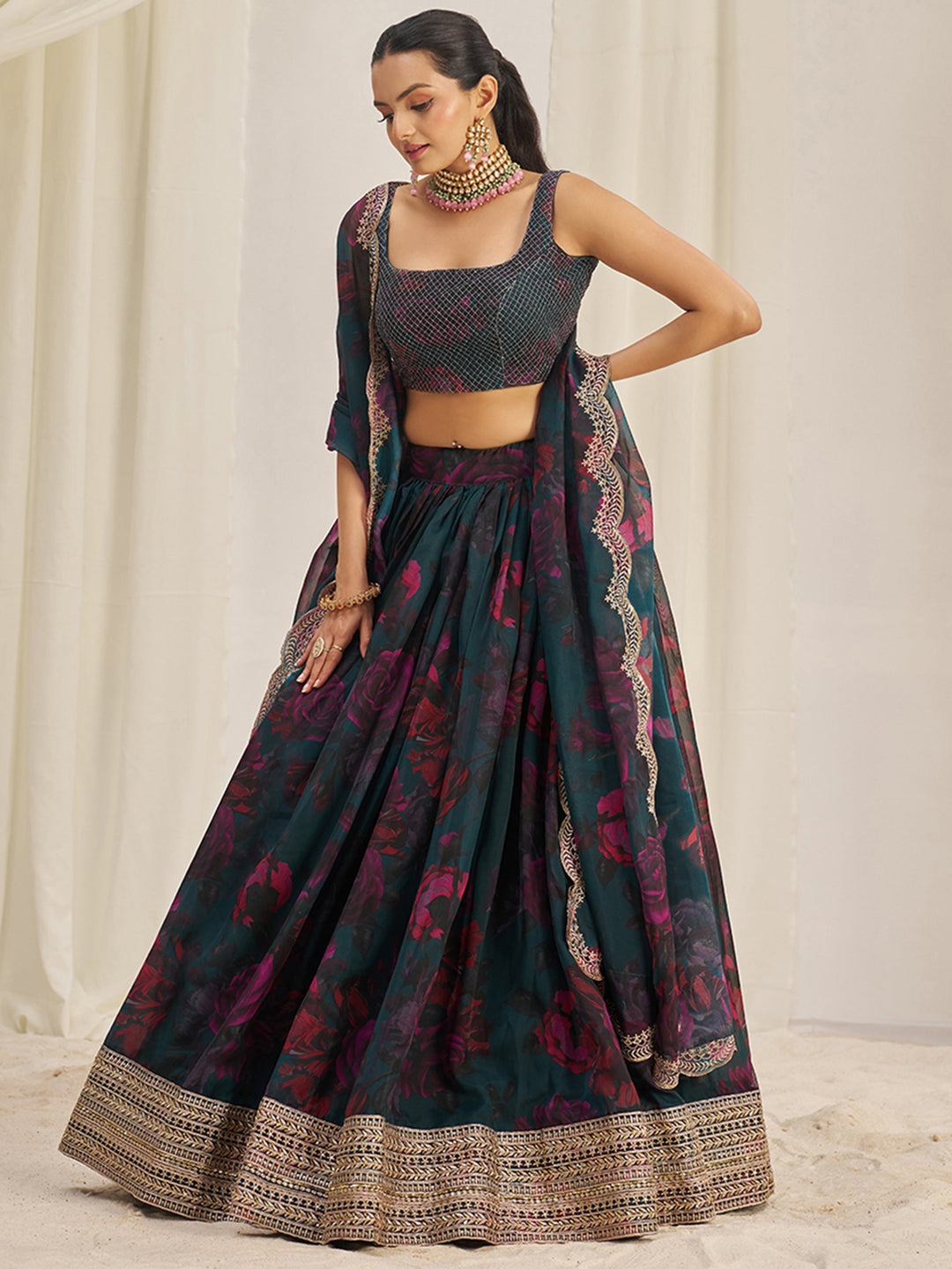 CaptivatingÃ‚Â Teal Green Printed Organza Event Wear Lehenga Choli