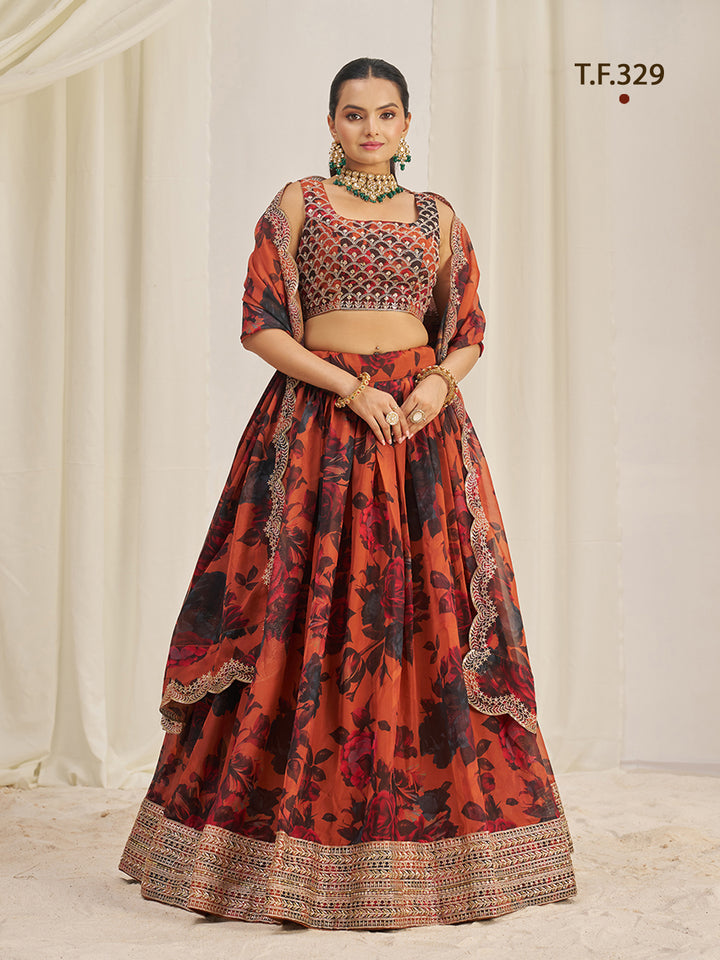 Women Floral Print Flared Lehenga Choli | Semi-Stitch with Dupatta