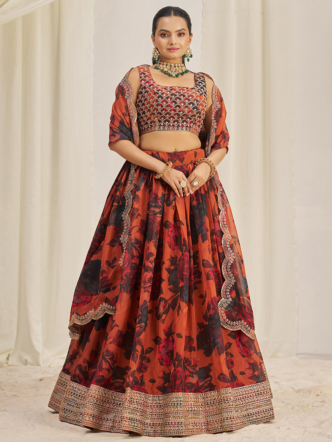 PrettyÃ‚Â Orange Sequins Organza Engagement Wear Lehenga Choli