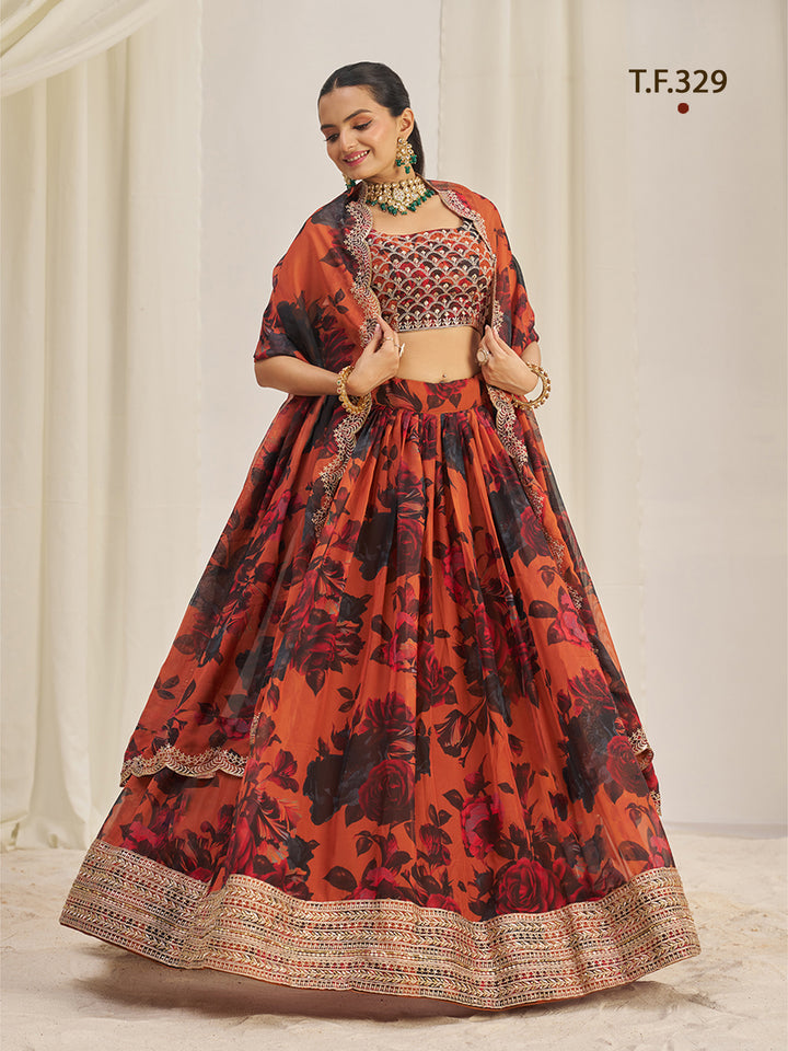 Women Floral Print Flared Lehenga Choli | Semi-Stitch with Dupatta